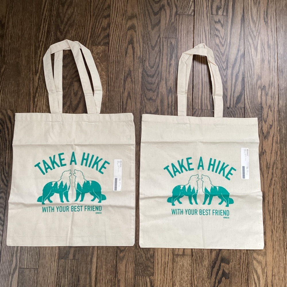 Natural Canvas Tote Bags with “Take A Hike With Your Best Friend” Graphic Wolfs